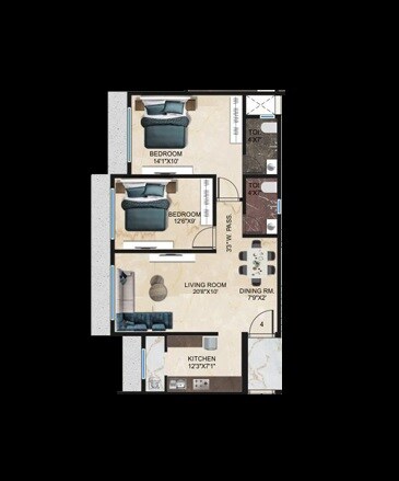 Floor plan of 2 BHK 677 Sq. Ft. Apartment in DGS Sheetal Surya Prakash, Mumbai