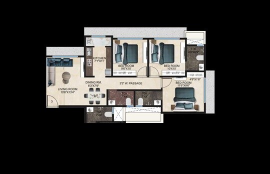 Floor plan of 3 BHK 929 Sq. Ft. Apartment in DGS Sheetal Surya Prakash, Mumbai