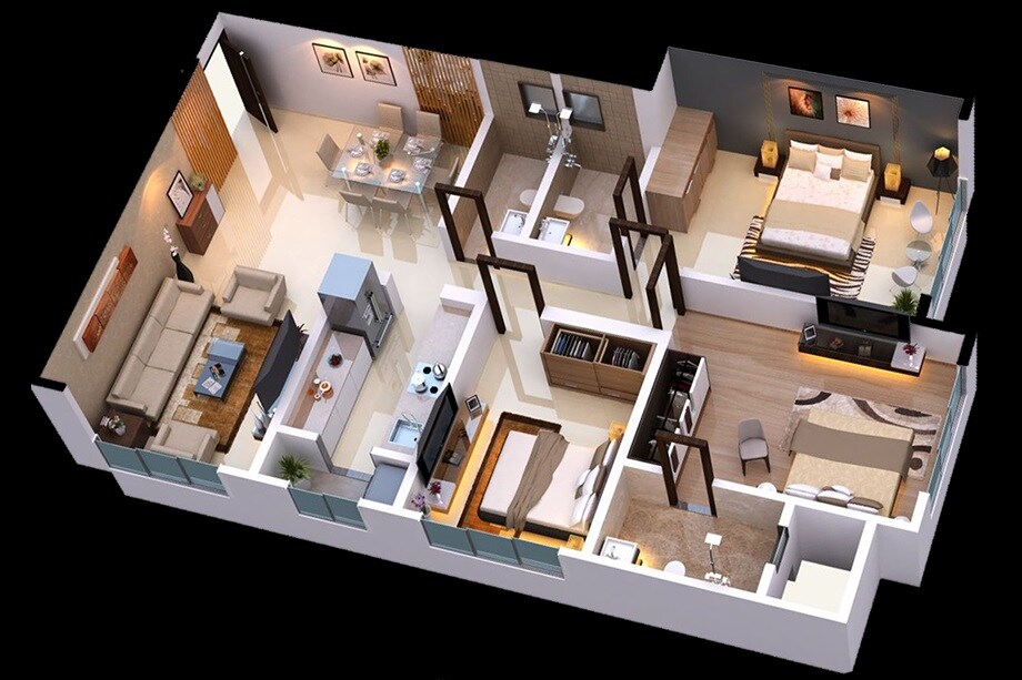 Floor plan of 3 BHK 968 Sq. Ft. Apartment in DGS Sheetal Surya Prakash, Mumbai
