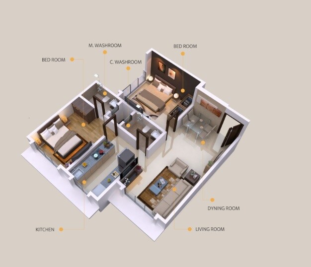 Floor plan of 2 BHK 670 Sq. Ft. Apartment in DGS Shree Sheetal Kailash, Mumbai