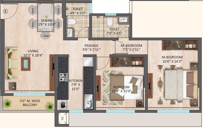 Floor plan of 2 BHK 789 Sq. Ft. Apartment in DH Aagman Residency, Mumbai
