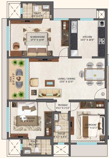 Floor plan of 3 BHK 1055 Sq. Ft. Apartment in DH Aagman Residency, Mumbai