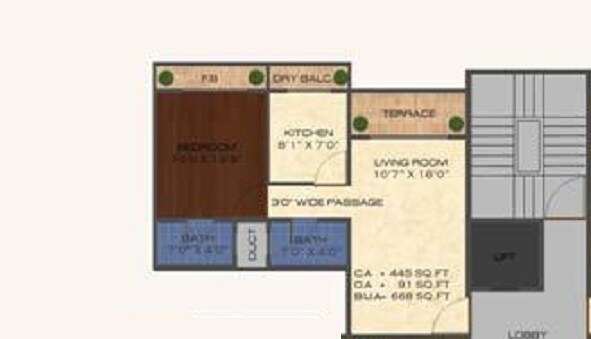 Floor plan of 1 BHK 658 Sq. Ft. Apartment in Dhanista Gardenia Apartments, Mumbai
