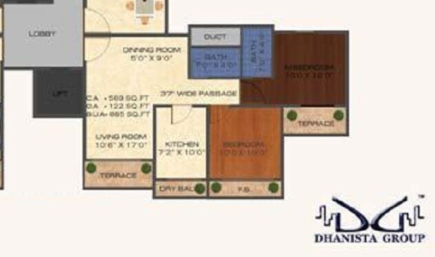 Floor plan of 2 BHK 850 Sq. Ft. Apartment in Dhanista Gardenia Apartments, Mumbai