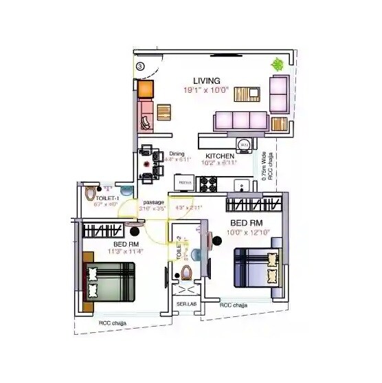 Floor plan of 2 BHK 654 Sq. Ft. Apartment in Dhariwal Ashirwad Avenue, Mumbai