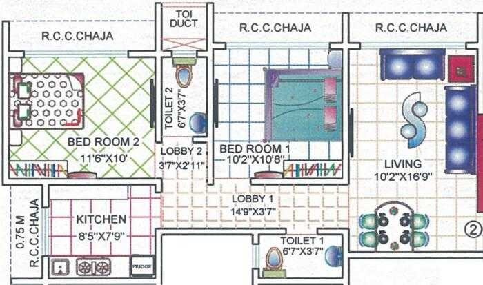 Floor plan of 2 BHK 1015 Sq. Ft. Apartment in Dhariwal Mangal Deep, Mumbai