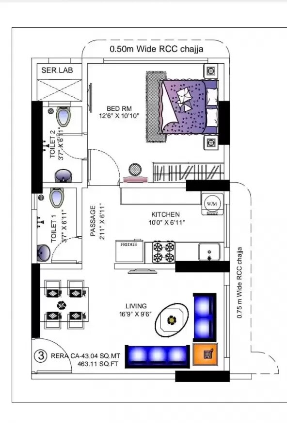 Floor plan of 1 BHK 463 Sq. Ft. Apartment in Dhariwal Swami Vivekanand CHS, Mumbai