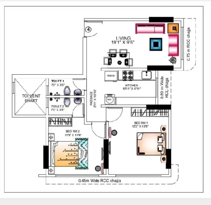 Floor plan of 2 BHK 664 Sq. Ft. Apartment in Dhariwal Swami Vivekanand CHS, Mumbai