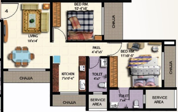 Floor plan of 2 BHK Apartment - 676 sq. ft. in Dharma Om Ganesh Krupa, Mumbai