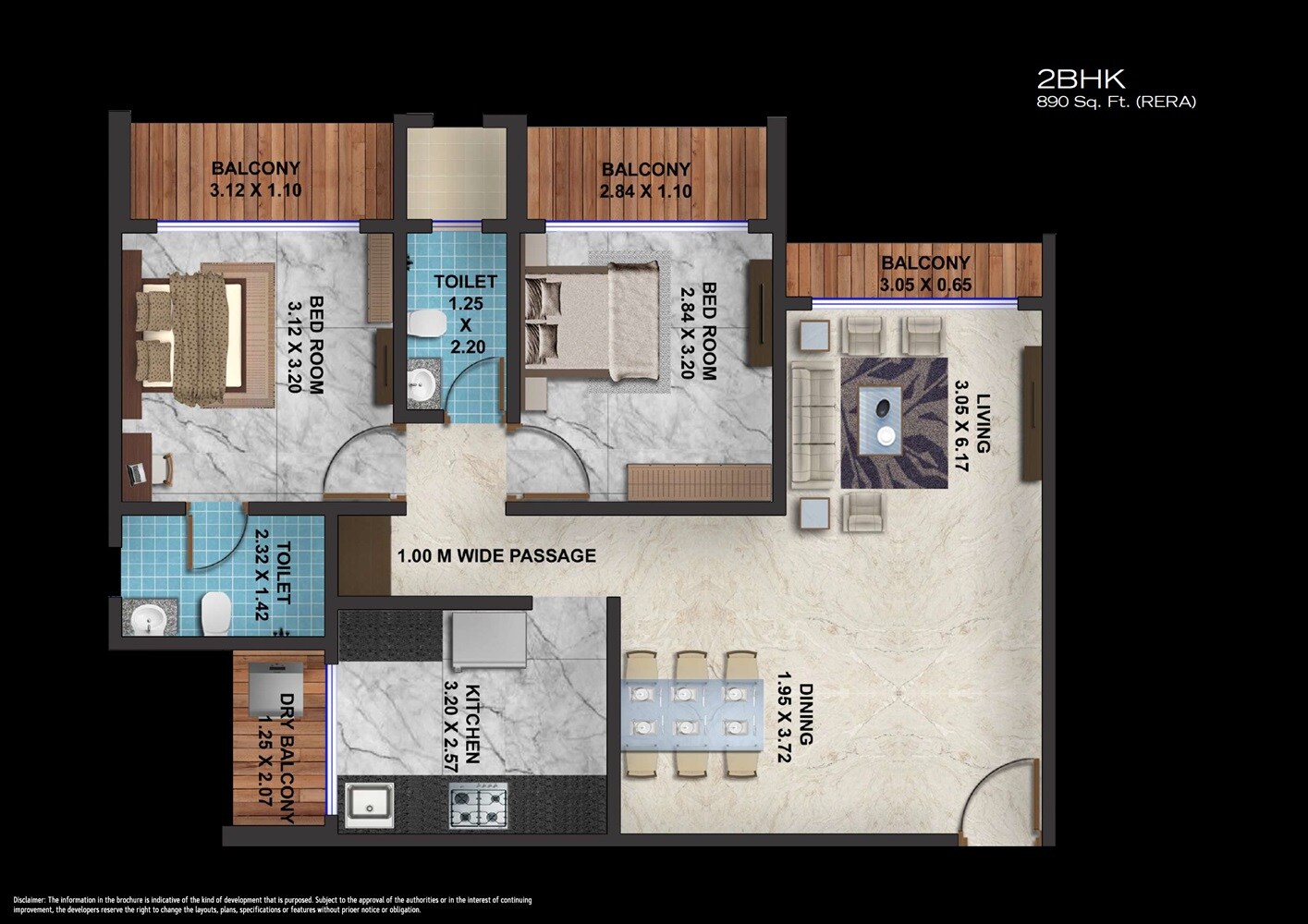 2 BHK 890 Sq. Ft. Apartment