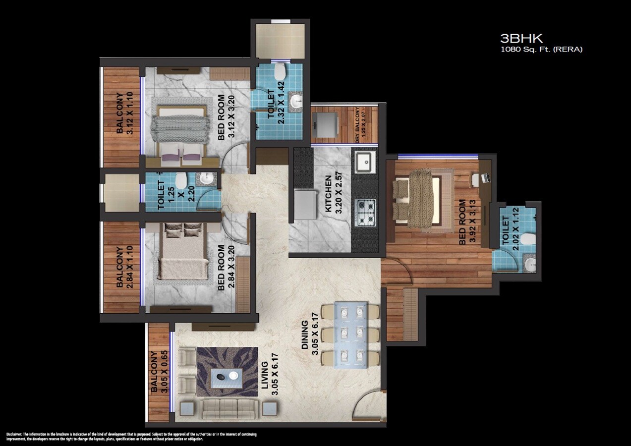 Floor plan of 3 BHK 1080 Sq. Ft. Apartment in Dharti CHS, Mumbai