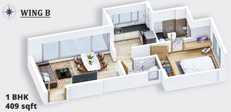 Floor plan of 1 BHK Apartment - 409 sq. ft. in Dharti Lotus Arshabharat, Mumbai