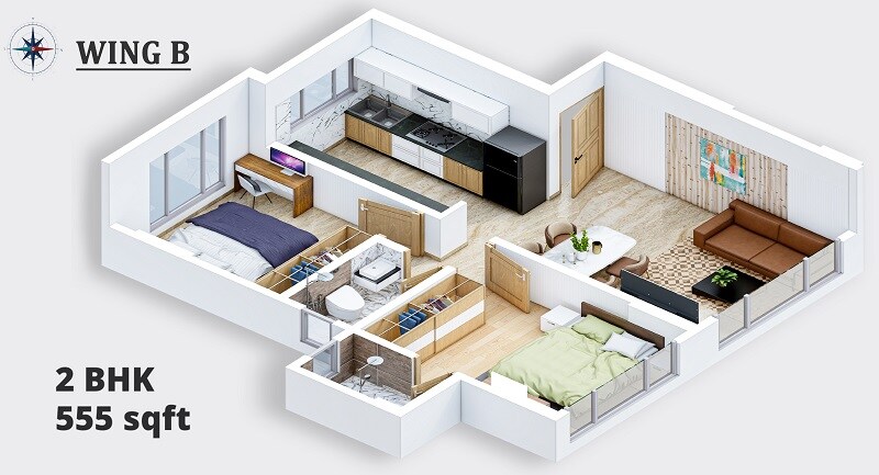 Floor plan of 2 BHK Apartment - 600 sq. ft. in Dharti Lotus Arshabharat, Mumbai