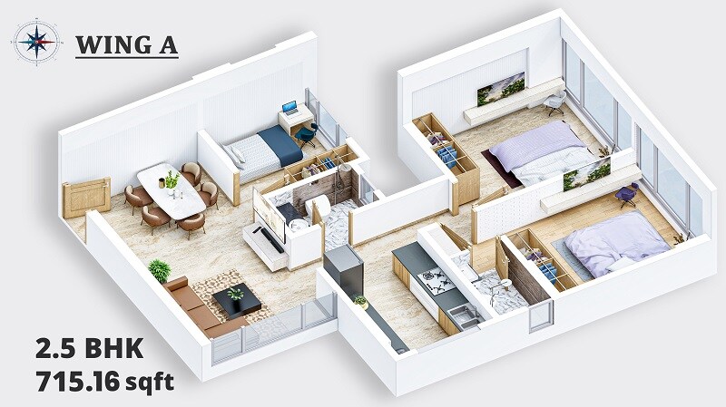 Floor plan of 2 BHK Apartment - 715 sq. ft. in Dharti Lotus Arshabharat, Mumbai