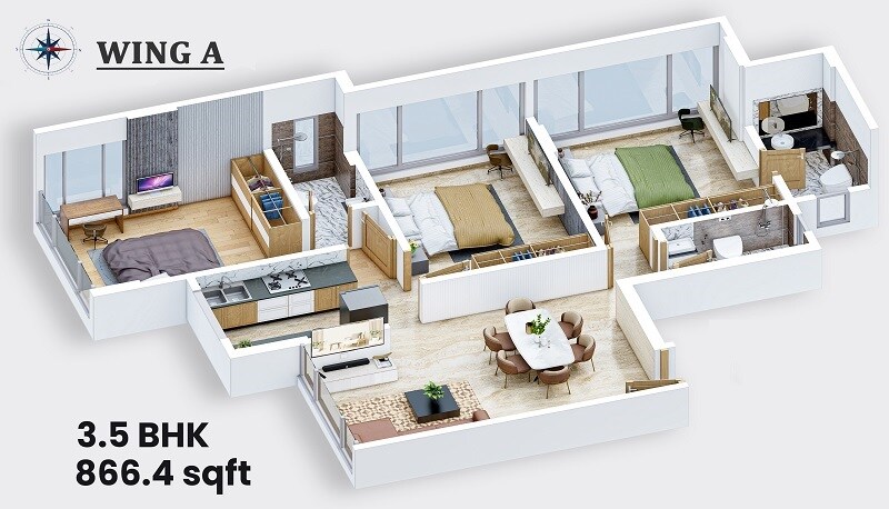 Floor plan of 3 BHK Apartment - 866 sq. ft. in Dharti Lotus Arshabharat, Mumbai