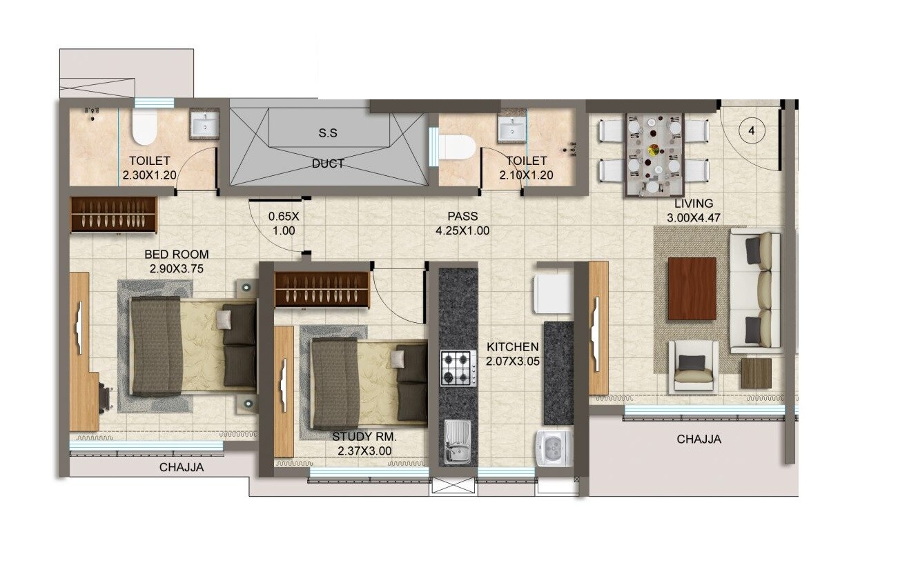 Floor plan of 2 BHK 555 Sq. Ft. Apartment in Dharti Presidio, Mumbai