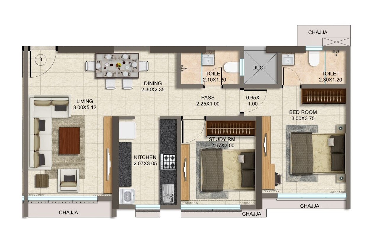 Floor plan of 2 BHK 628 Sq. Ft. Apartment in Dharti Presidio, Mumbai