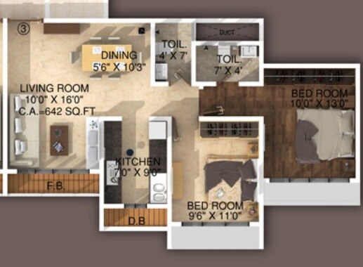Floor plan of 2 BHK 555 Sq. Ft. Apartment in Dharti Pressidio, Mumbai