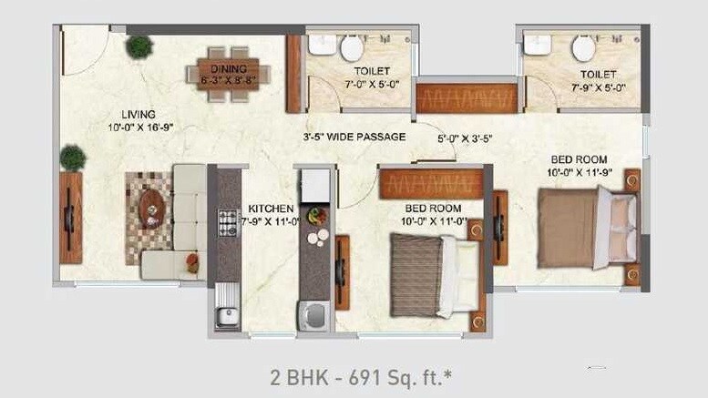 Floor plan of 2 BHK 691 Sq. Ft. Apartment in Dhaval Sunrise Charkop, Mumbai