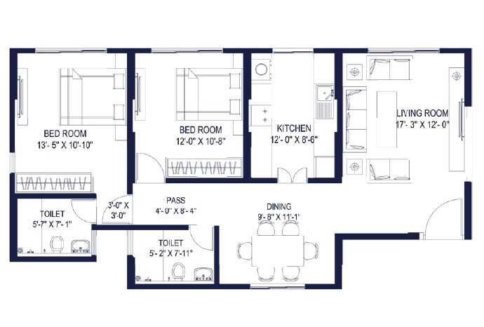 Floor plan of 2 BHK 861 Sq. Ft. Apartment in Dhaval Sunrise Orlem 2B Phase 3, Mumbai