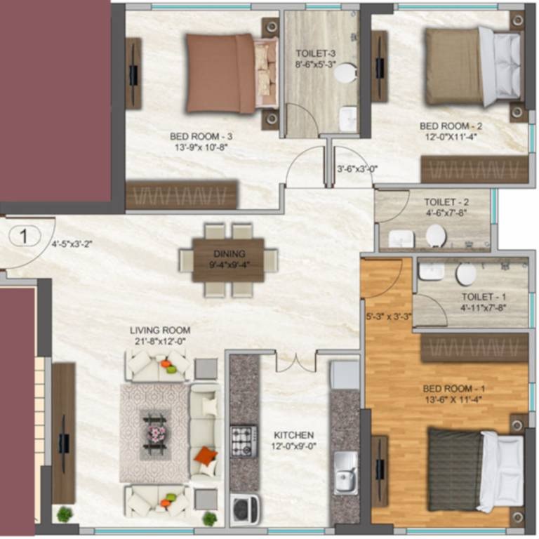 Rental 3 Bedroom 1105 Sq.Ft. Apartment in Dhaval Sunrise Orlem, Malad