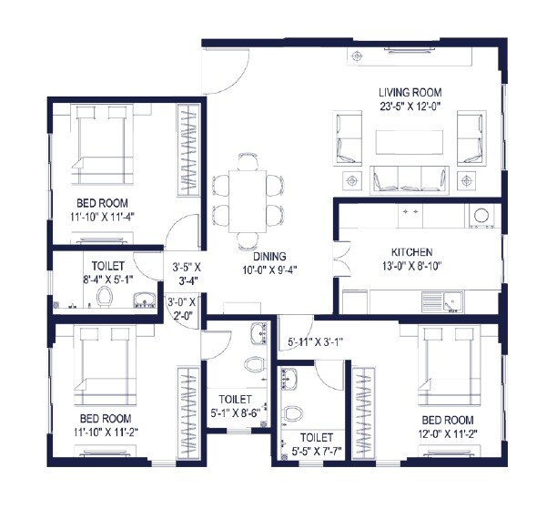 Floor plan of 3 BHK 1105 Sq. Ft. Apartment in Dhaval Sunrise Orlem, Mumbai