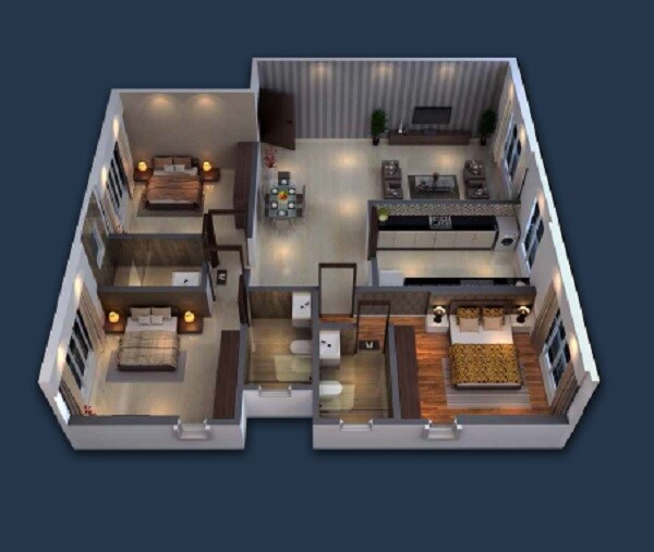 Floor plan of 3 BHK 1109 Sq. Ft. Apartment in Dhaval Sunrise Orlem, Mumbai