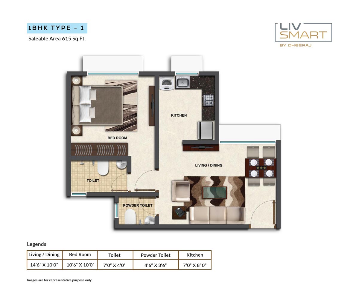 Floor plan of 1 BHK 615 Sq. Ft. Apartment in Dheeraj Liv Smart, Mumbai