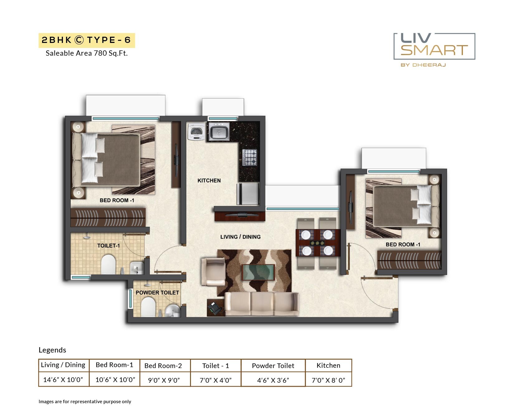 Floor plan of 2 BHK 780 Sq. Ft. Apartment in Dheeraj Liv Smart, Mumbai