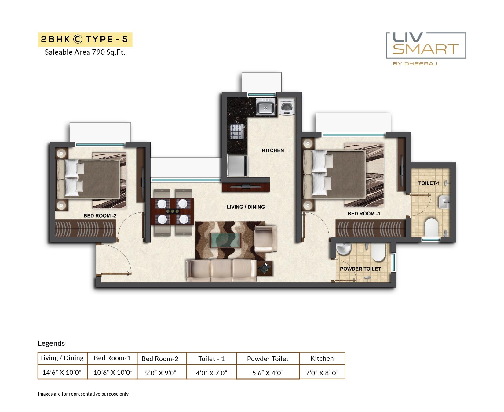 Floor plan of 2 BHK 790 Sq. Ft. Apartment in Dheeraj Liv Smart, Mumbai