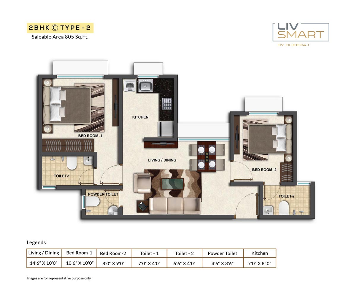 Floor plan of 2 BHK 805 Sq. Ft. Apartment in Dheeraj Liv Smart, Mumbai