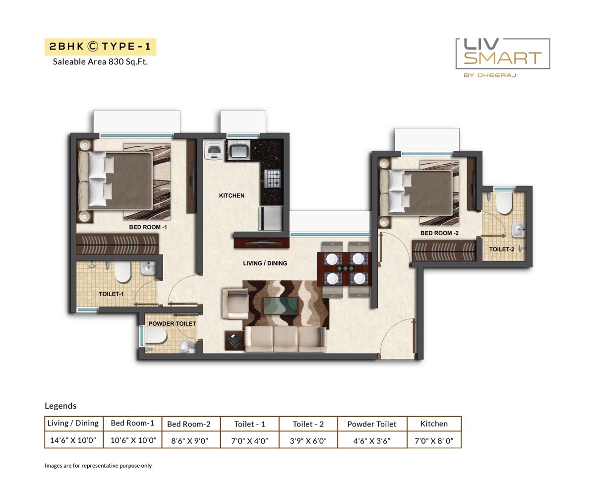 2 BHK 830 Sq. Ft. Apartment