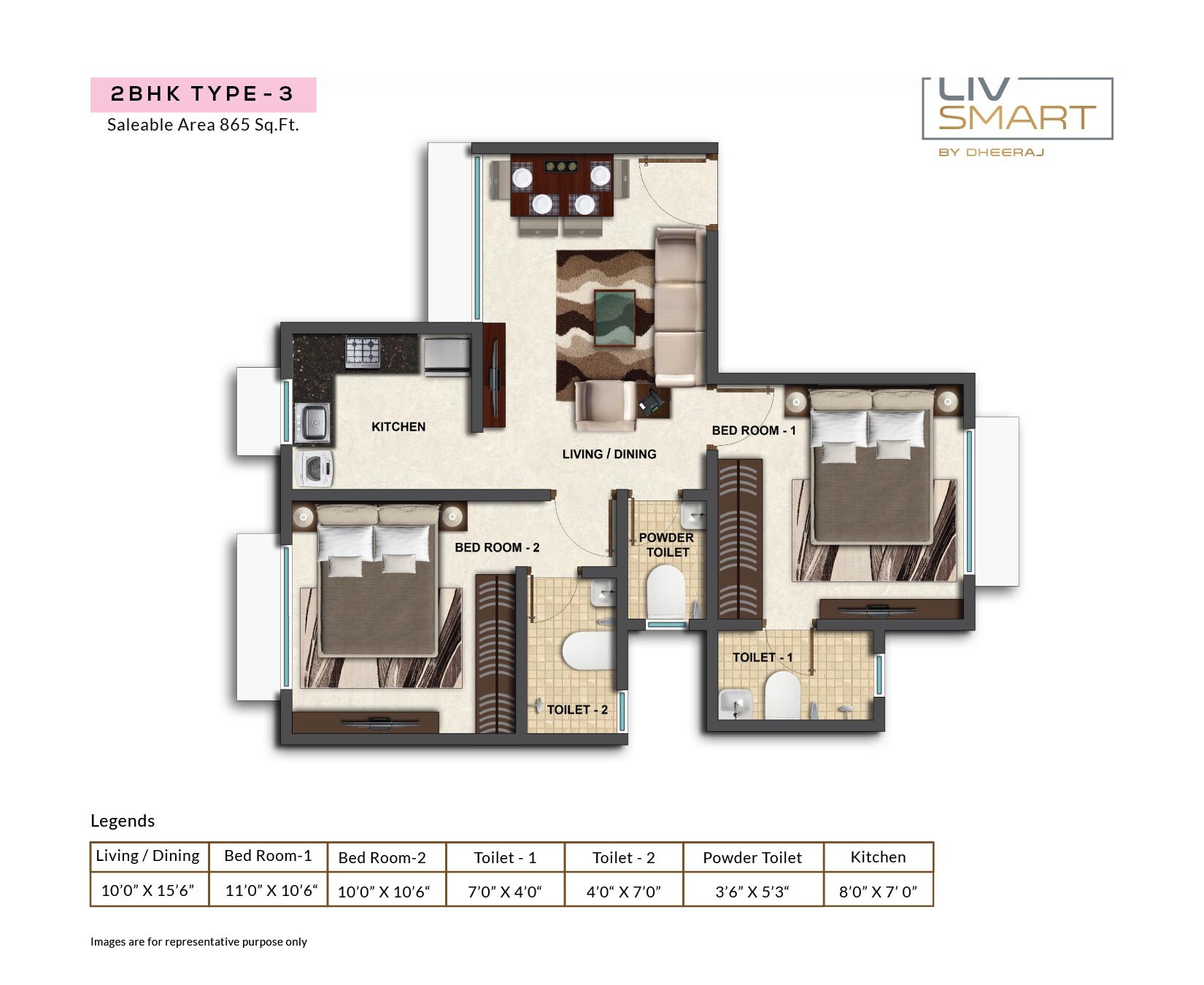Floor plan of 2 BHK 865 Sq. Ft. Apartment in Dheeraj Liv Smart, Mumbai