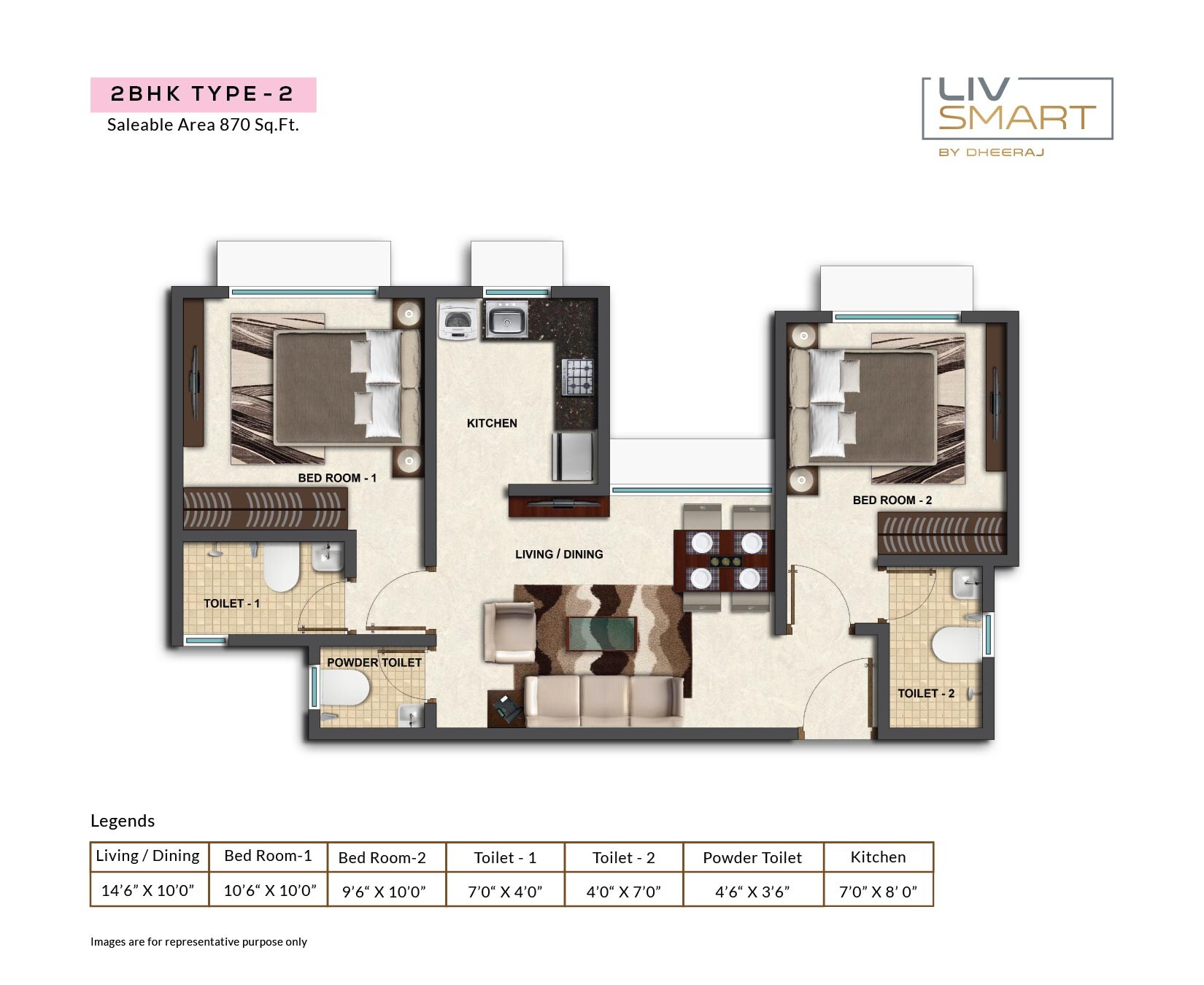 Floor plan of 2 BHK 870 Sq. Ft. Apartment in Dheeraj Liv Smart, Mumbai