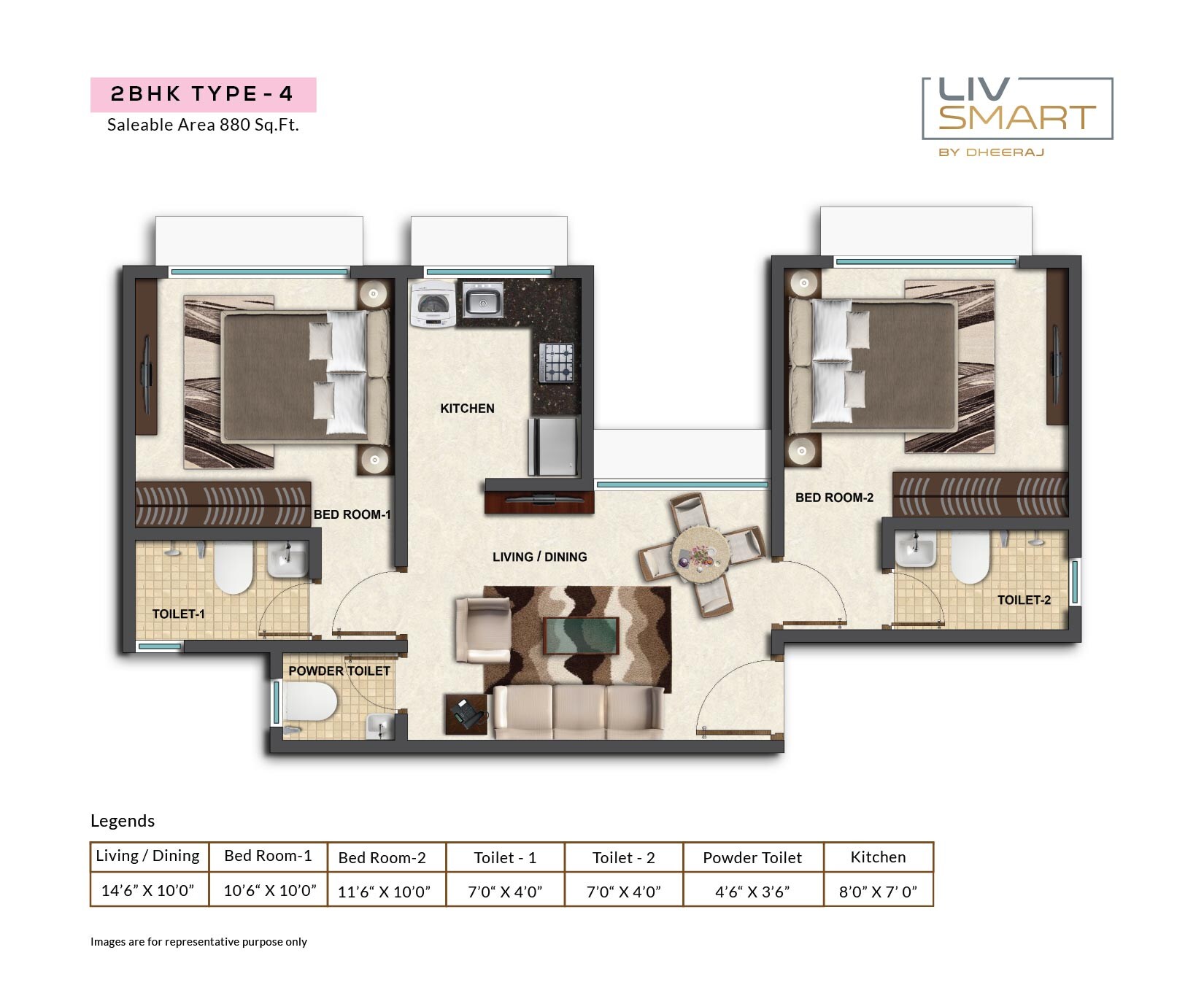 Floor plan of 2 BHK 880 Sq. Ft. Apartment in Dheeraj Liv Smart, Mumbai