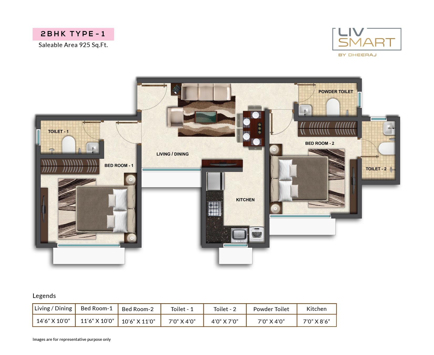 Floor plan of 2 BHK 925 Sq. Ft. Apartment in Dheeraj Liv Smart, Mumbai