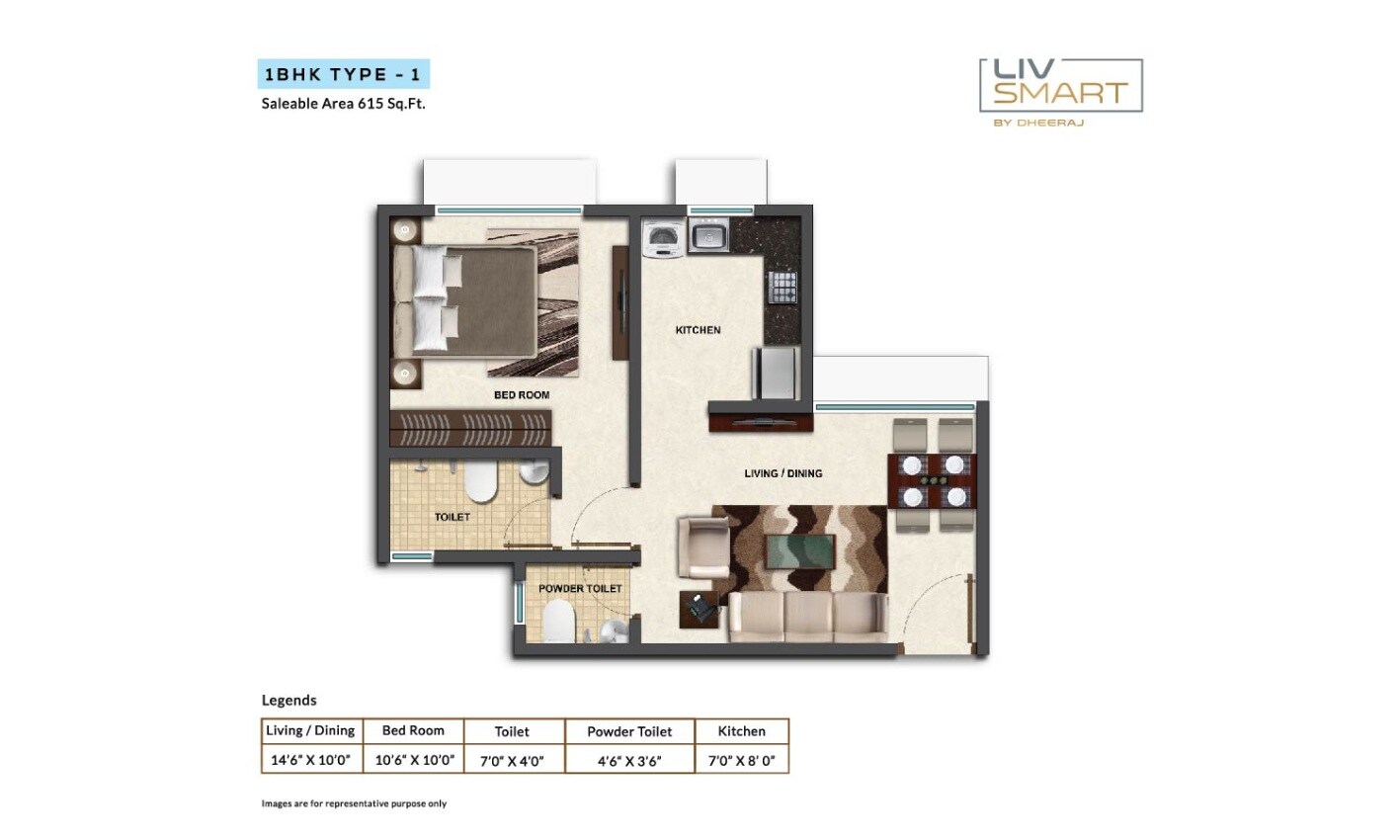 Floor plan of 1 BHK 381 Sq. Ft. Apartment in Dheeraj Livsmart, Mumbai