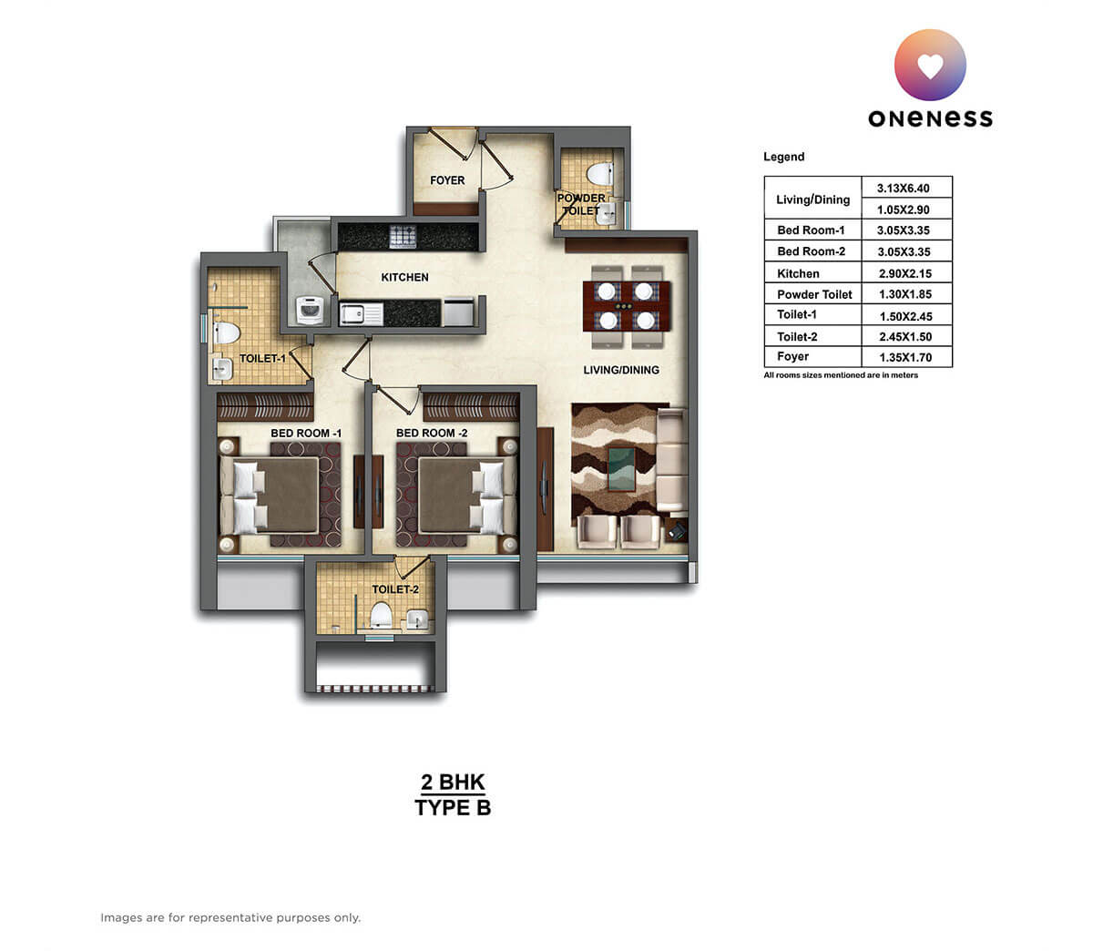 Floor plan of 2 BHK 810 Sq. Ft. Apartment in Dheeraj Oneness, Mumbai