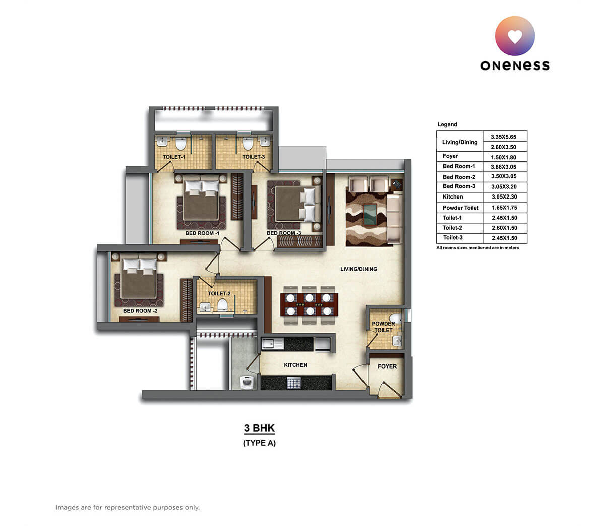 Floor plan of 3 BHK 1045 Sq. Ft. Apartment in Dheeraj Oneness, Mumbai