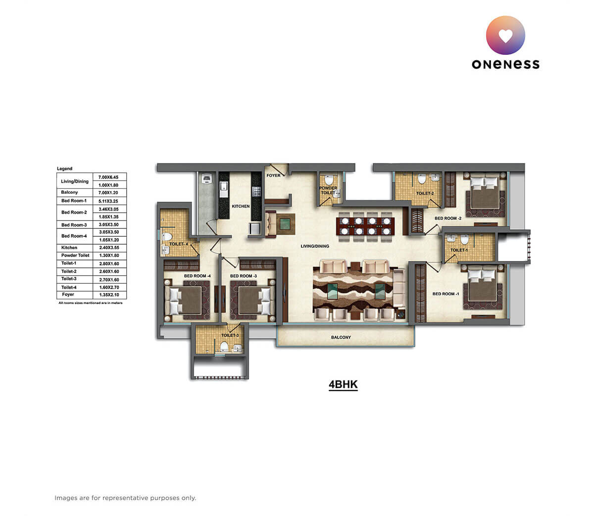 Floor plan of 4 BHK 1670 Sq. Ft. Apartment in Dheeraj Oneness, Mumbai