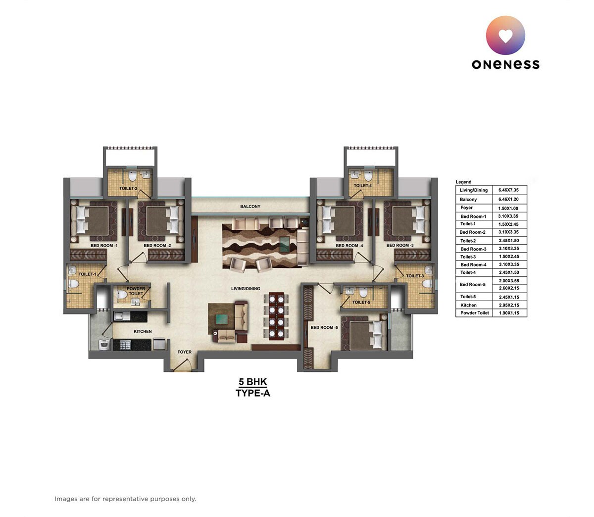 Floor plan of 5 BHK 1720 Sq. Ft. Apartment in Dheeraj Oneness, Mumbai