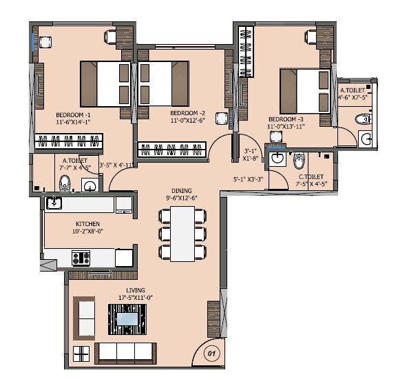 2 BHK 1005 Sq. Ft. Apartment