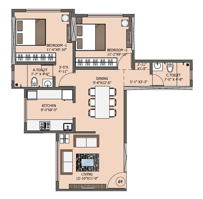 Floor plan of 2 BHK 709 Sq. Ft. Apartment in Dhoot Sapphire Residency, Mumbai