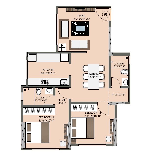 2 BHK 831 Sq. Ft. Apartment