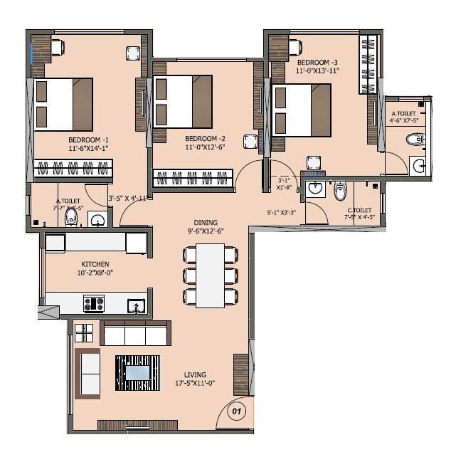 Floor plan of 3 BHK 1031 Sq. Ft. Apartment in Dhoot Sapphire Residency, Mumbai