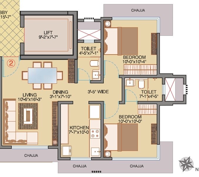2 BHK 605 Sq. Ft. Apartment