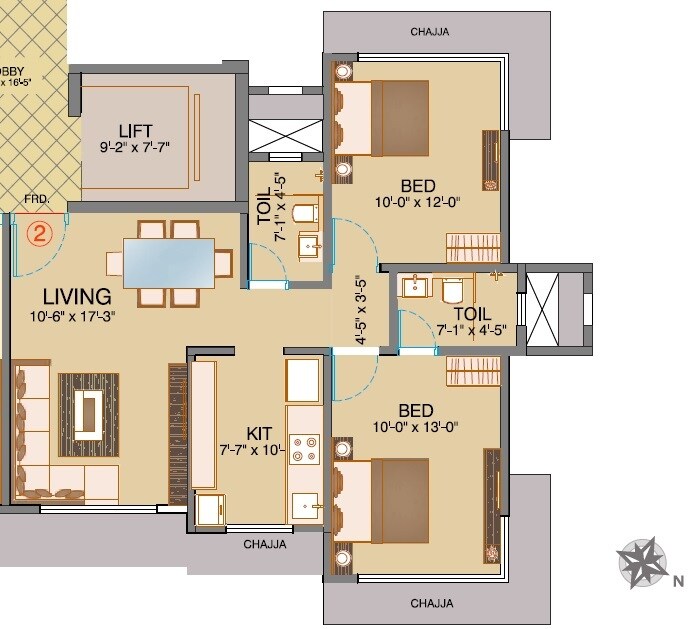 Floor plan of 2 BHK 662 Sq. Ft. Apartment in Dhoot Sky Residency New Sonali CHSL, Mumbai