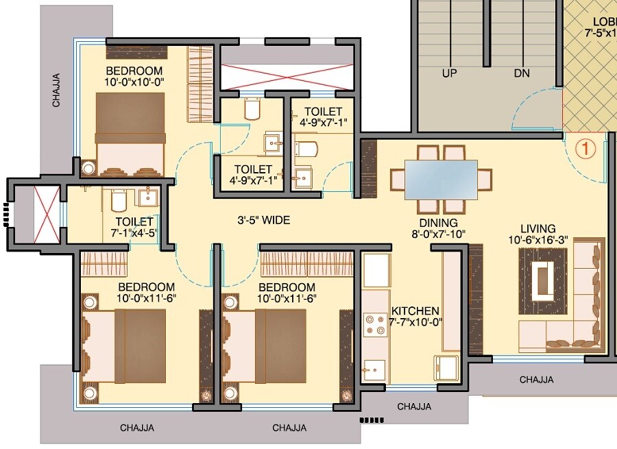 Floor plan of 3 BHK 843 Sq. Ft. Apartment in Dhoot Sky Residency New Sonali CHSL, Mumbai