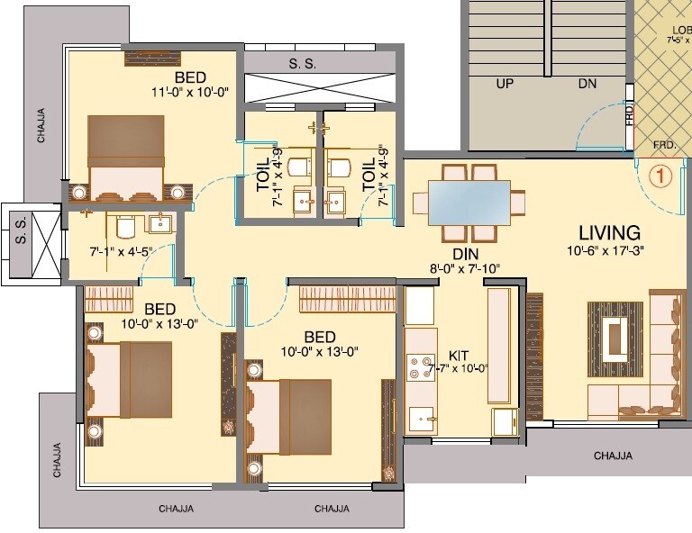 Floor plan of 3 BHK 894 Sq. Ft. Apartment in Dhoot Sky Residency New Sonali CHSL, Mumbai