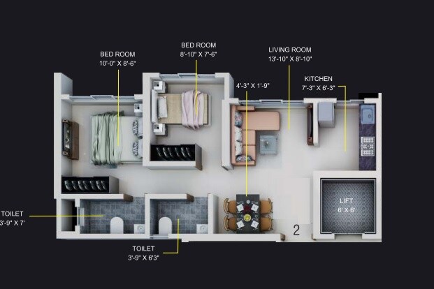 Floor plan of 2 BHK 525 Sq. Ft. Apartment in Dimple 19 North, Mumbai